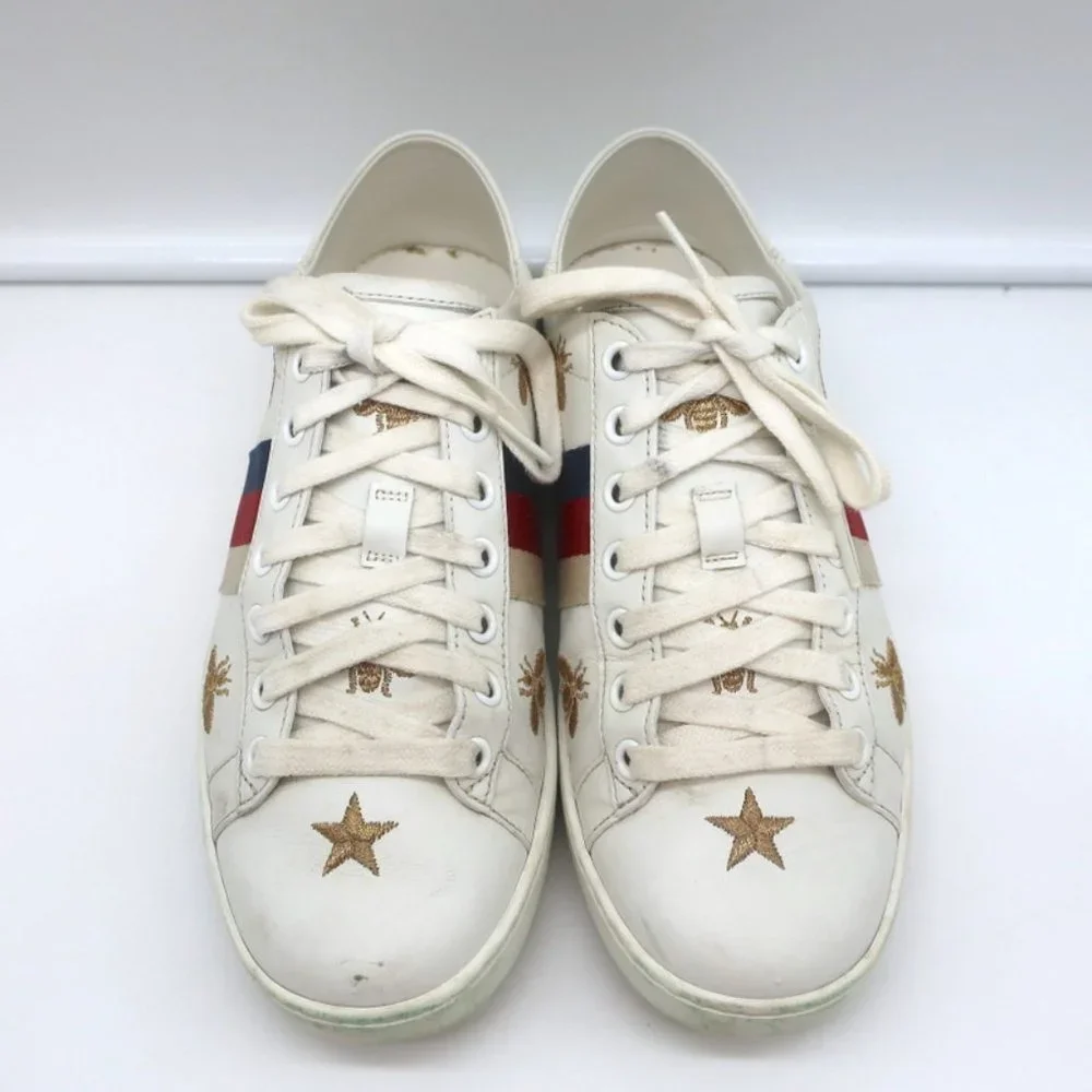 GUCCI ACE BEES & STARS EMBROIDERED SNEAKERS WHITE LEATHER SIZE 35.5 (Runs Large) - Picture 5 of 12